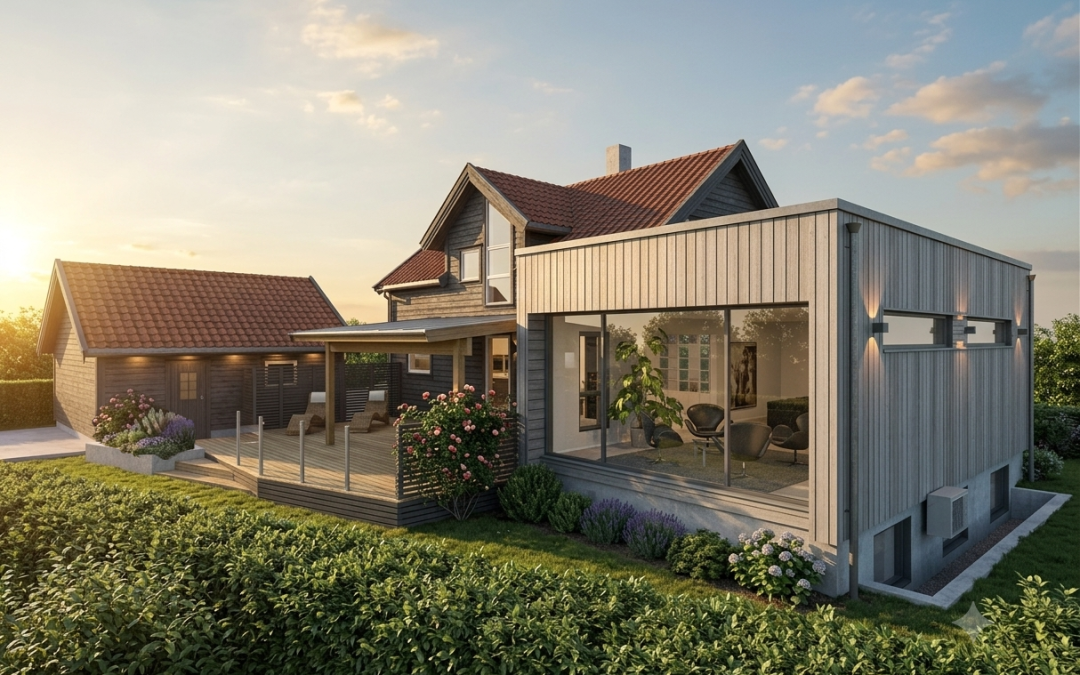 Enebolig, påbygg og uteområde