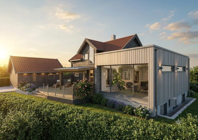Enebolig, påbygg og uteområde